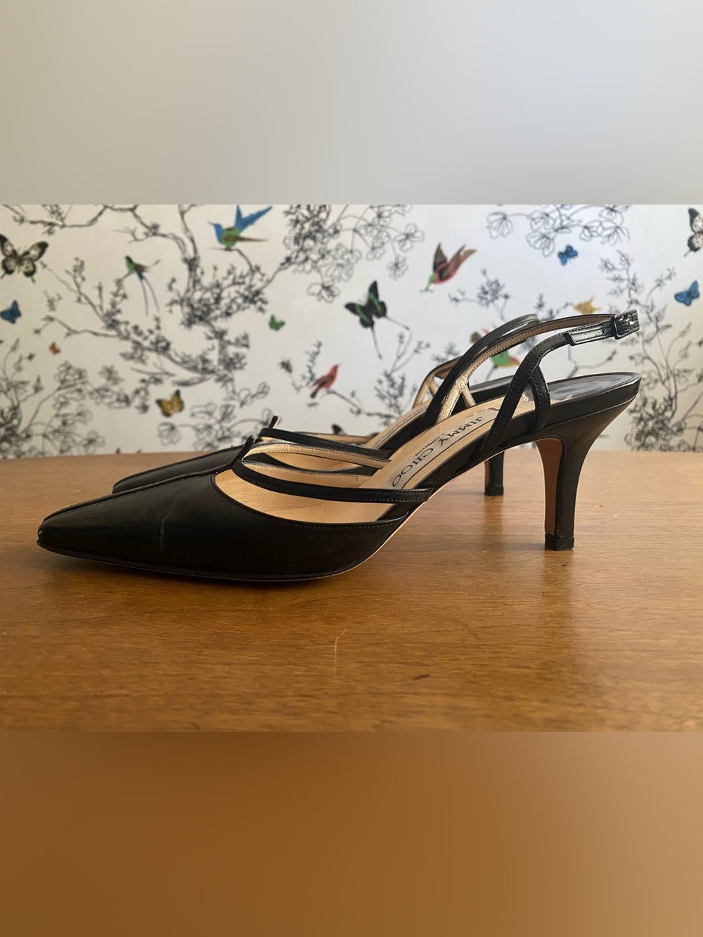 Vintage ‘90s/Y2K Jimmy Choo Black Leather Cutout Slingback Heels - Picture 3 of 16